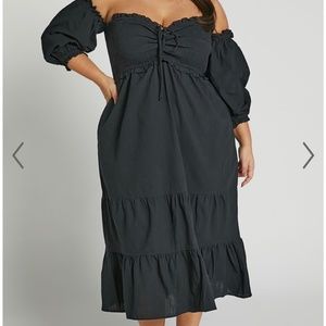 NIKKA MIDI DRESS - SHIRRED OFF SHOULDER PUFF SLEEVE DRESS IN BLACK